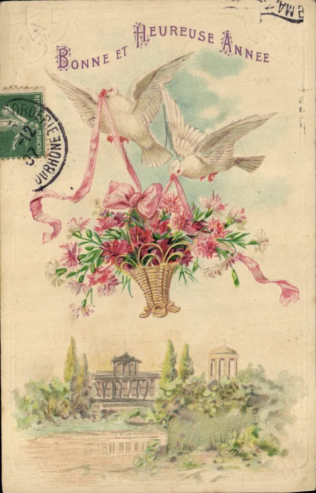 Duas pombas carregando um cesto de flores — Boa e florescente ano — K.F. editores, Paris, Série I.955 - Frente