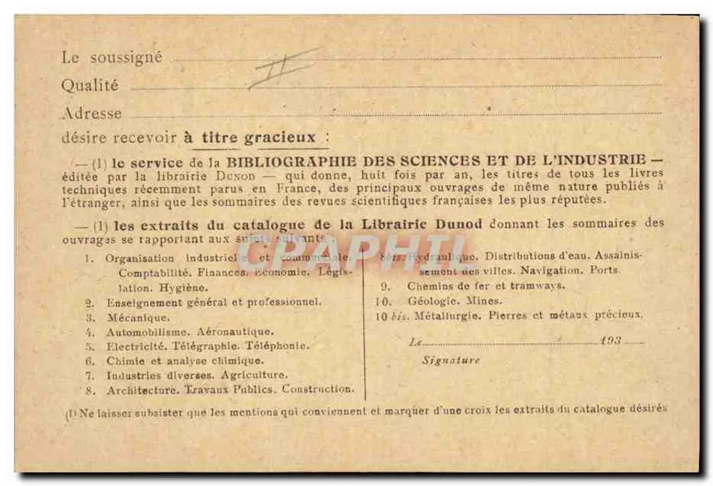 Bildkarte für Bildung — Bibliothek der Wissenschaften und Industrie — Verlag Dunod, Paris-VIe - Rückseite
