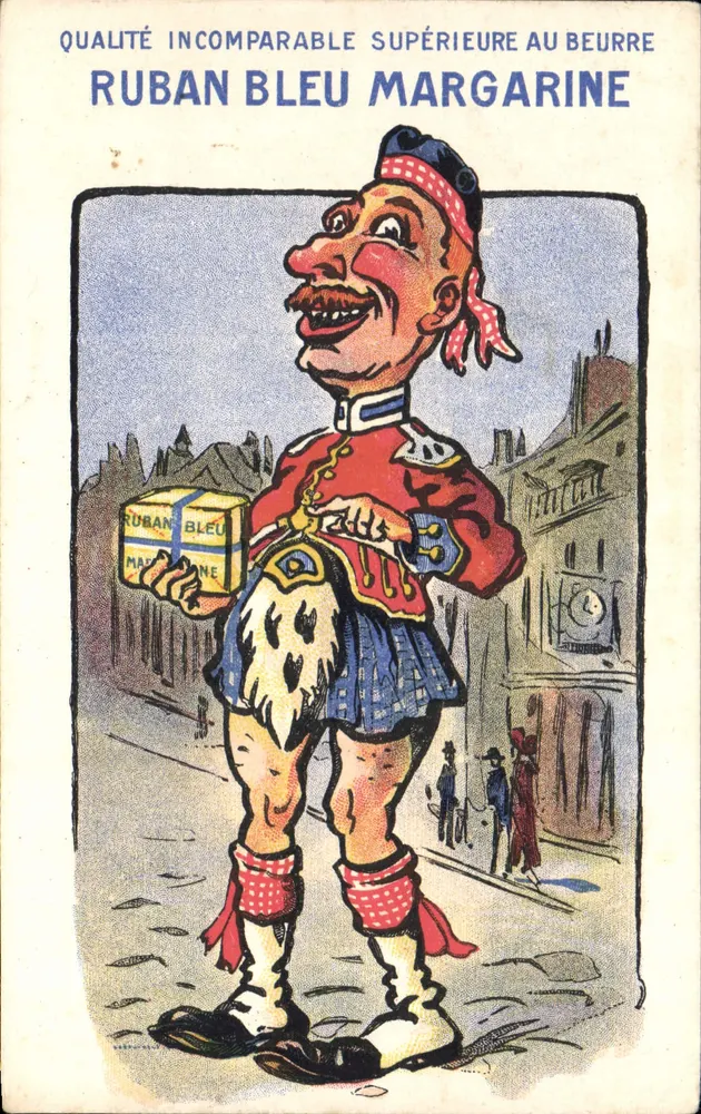 Publicité Ruban Bleu Margarine — caricature d'un homme en costume écossais tenant une boîte — éditeur non visible - Anverso