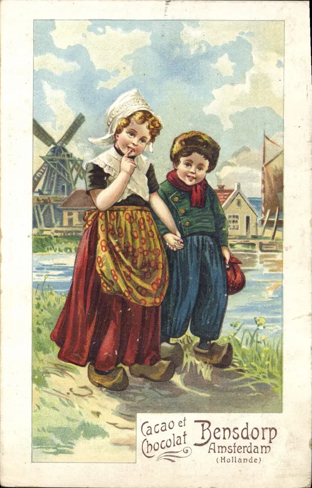 Zwei holländische Kinder — Landschaft mit Mühle — Cacao et Chocolat Bensdorp Amsterdam (Holland) - Vorderseite