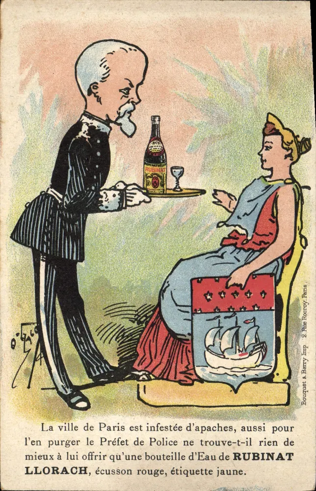 Caricature du Préfet de Police offrant une bouteille d'Eau de RUBINAT — éditeur Bouquet & Berry, Paris - Awers
