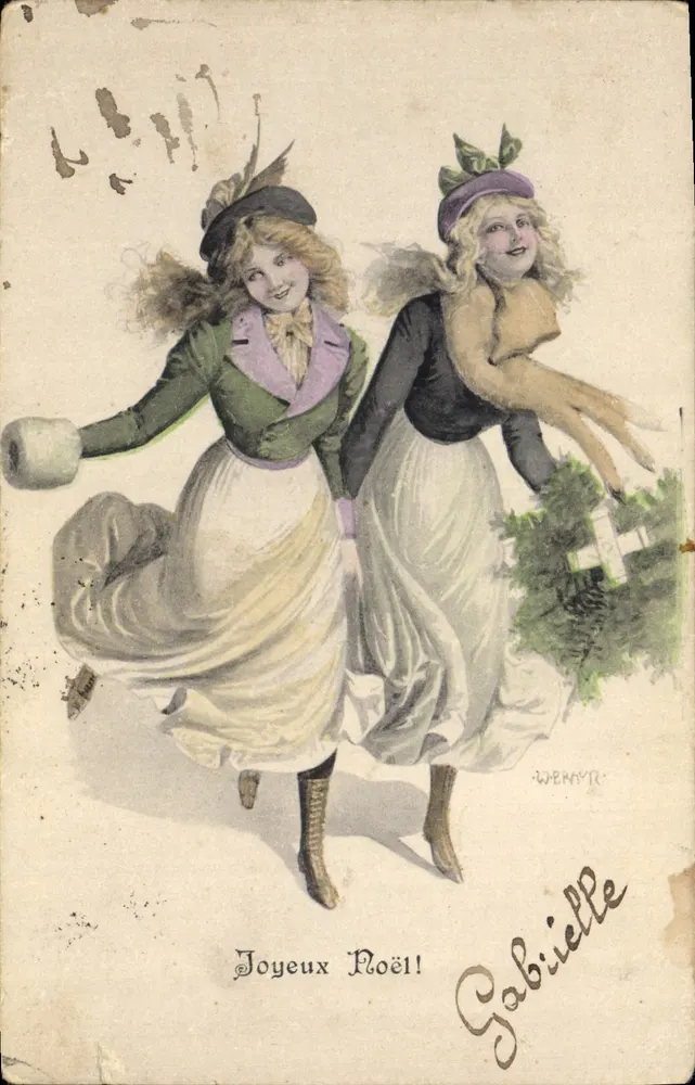 Deux jeunes femmes dansant — scène de Noël — éditeur A. S. (Série Joie de Noël) - Vorderseite