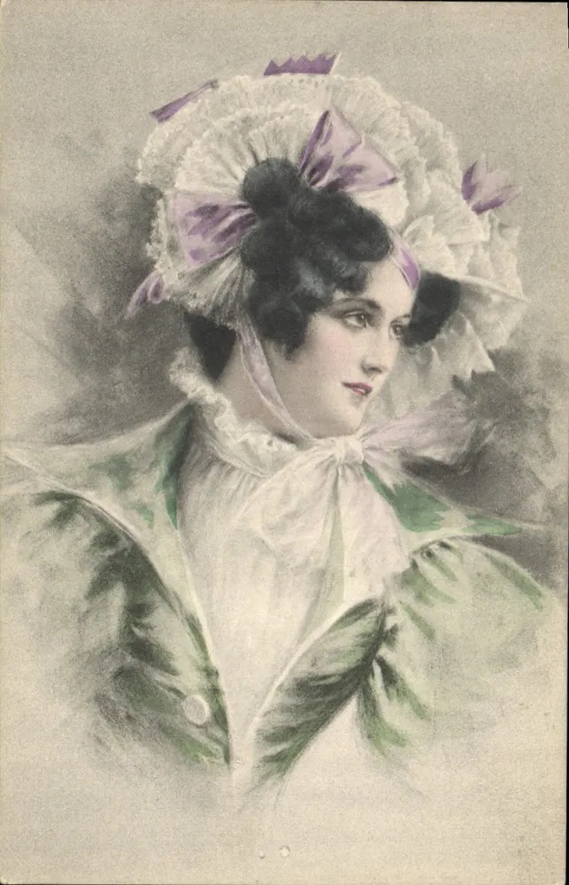 Junge Frau mit Hut aus violetten Bändern — Illustration — unbekannter Verlag, Nr. III - Vorderseite