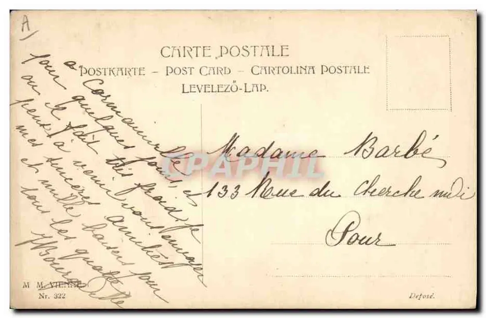 Junge Frau in Hut — hält einen Strauß Violetter — Verleger M. Vienné, Nr. 322 - Rückseite