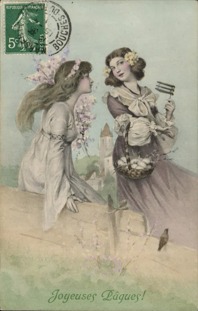 Zwei junge Frauen an einer Wand — Frühlingsszene — Verlag M. M. Vienne, Nr. 356 - Vorderseite