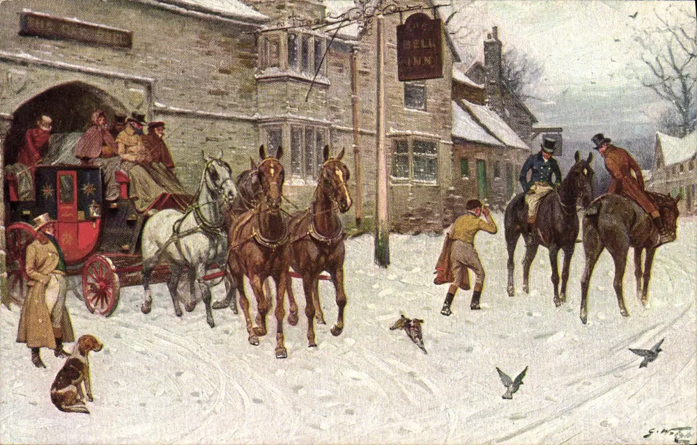 Scène hivernale devant l'auberge 'The Bell Inn' — illustration de S. M. — éditeur M. M. Vienne, n° 320 - Recto