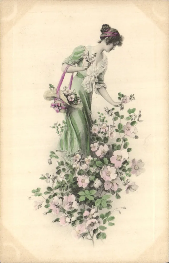 Frau in grüner Kleidung, die Rosen pflückt — M. M. Vienne, Nr. 398 - Vorderseite