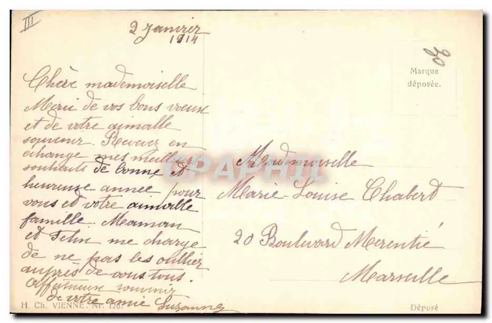 Frau in blauer Kleidung und Weihnachtskappe — Frohe Neujahr — H. Ch. Vienne, n° 126 - Rückseite