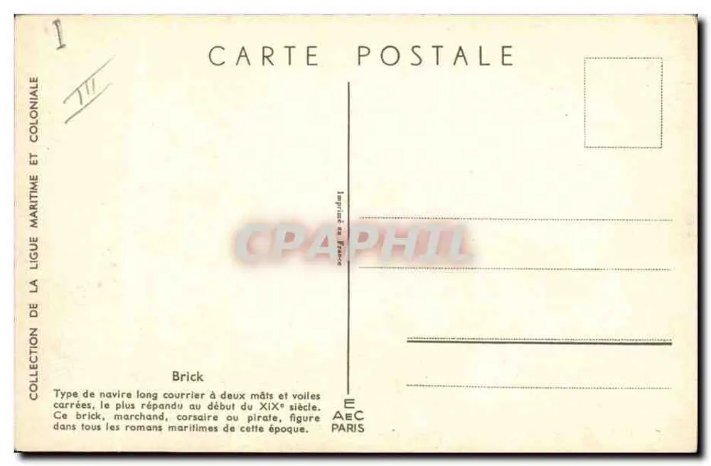 Brick — Typ eines Zwei-Mast-Schiffes mit Viereckssegeln — Sammlung der Seefahrt- und Kolonialliga, gedruckt in Frankreich - Rückseite