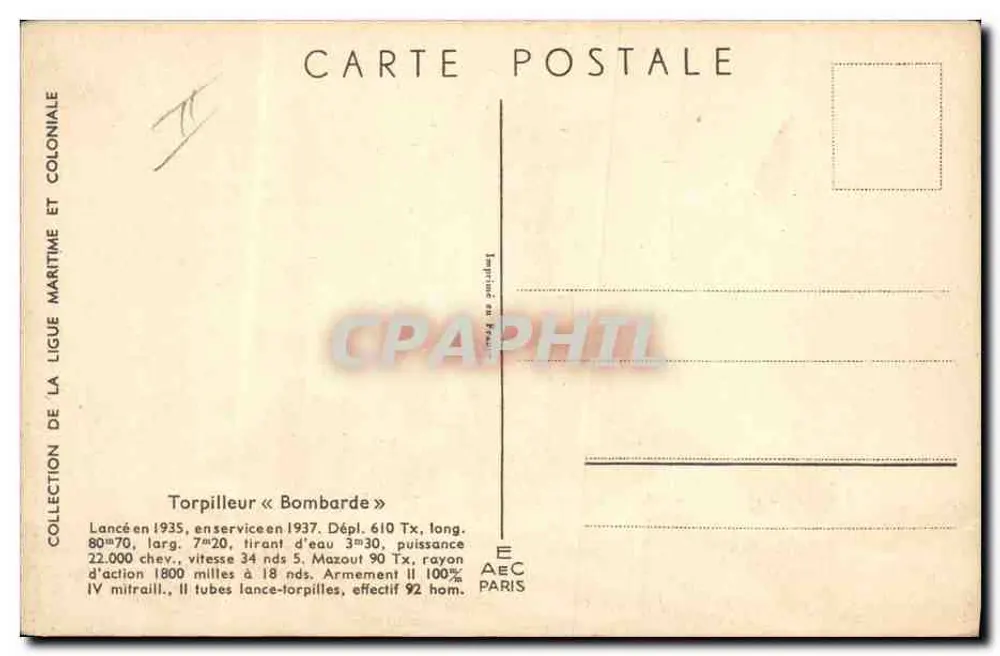 Torpedoboot « Bombarde » — Sammlung der Seefahrt- und Kolonialliga — Verlag AEC Paris - Rückseite