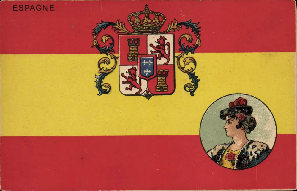 Espanha — bandeira com brasão e retrato feminino — Magasin Général, Marselha - Frente