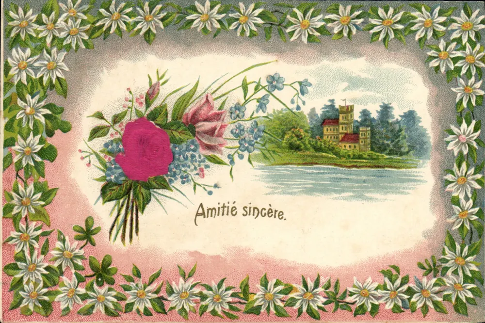 Castelo à beira de um lago — borda de margaridas — editor K. F. Paris, série 199 - Frente