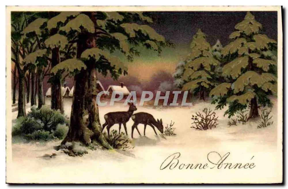 Zwei Hirsche in einem schneereichen Wald — Frohe Neujahr — unbekannter Verlag, Seriennummer 663 - Vorderseite