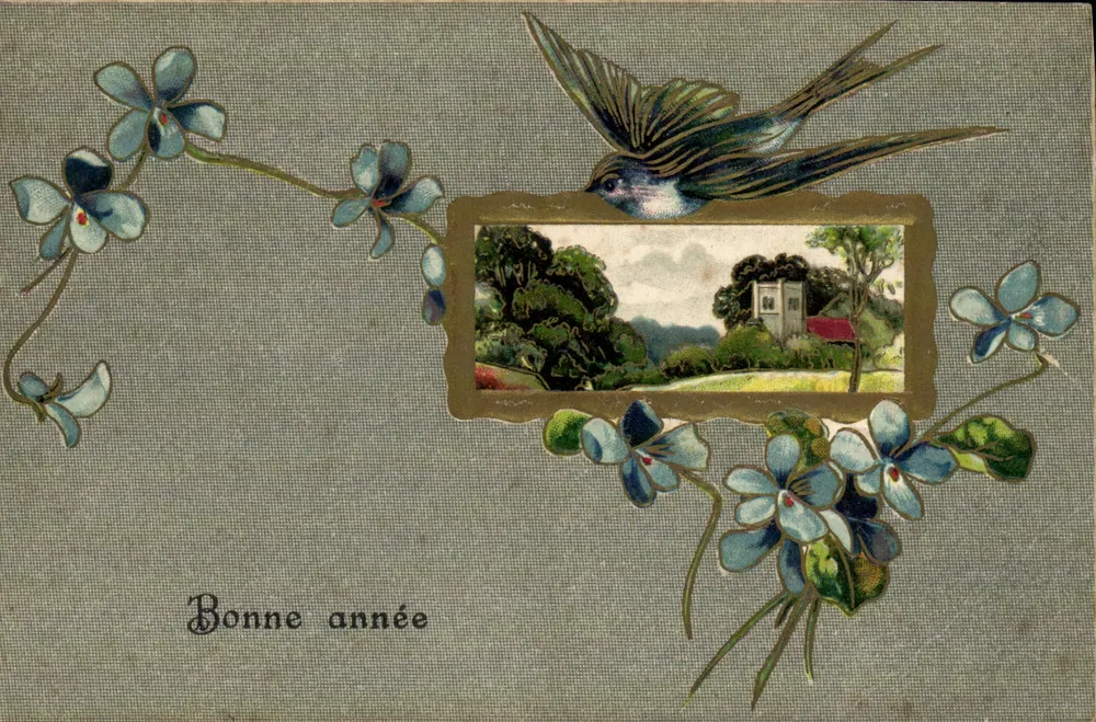 Gutes Neues Jahr — Vogel und Landschaft — unbekannter Verlag - Vorderseite
