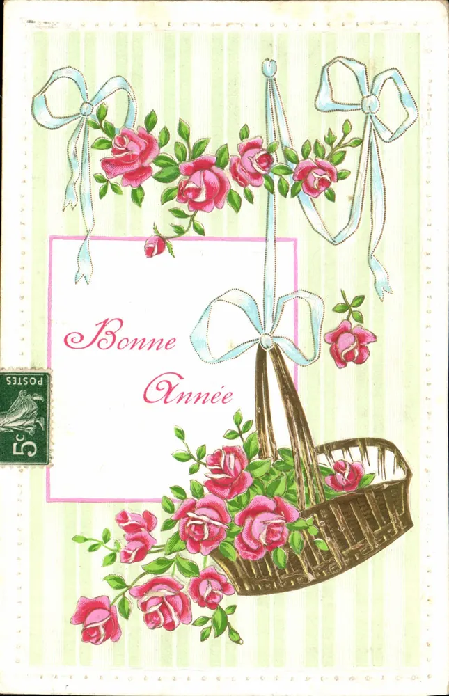 Arranjo de rosas em um cesto — Boa Ano — selo verde de 5c - Frente