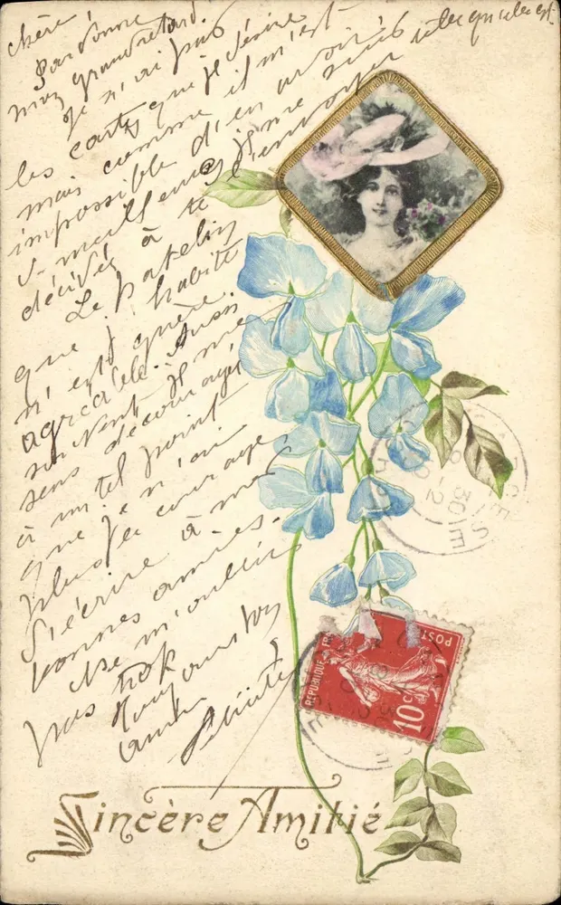 Blaue Blüten — Ansichtskarte mit Foto einer Frau — Verlag nicht sichtbar - Vorderseite