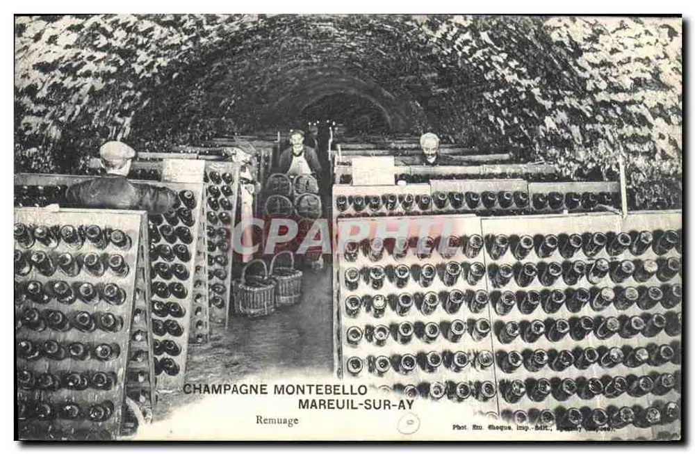 Champagne Montebello — Riddling — Phot. Ro. Shaqua, Imp. Sait, Lagny-sur-Marne - Vorderseite