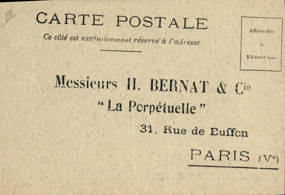 La Perpétuelle — propaganda para conservas — Senhores H. Bernat & Cie, Paris (Vᵉ) - Frente