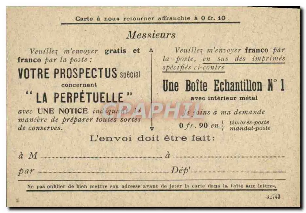 La Perpétuelle — propaganda para conservas — Senhores H. Bernat & Cie, Paris (Vᵉ) - Verso