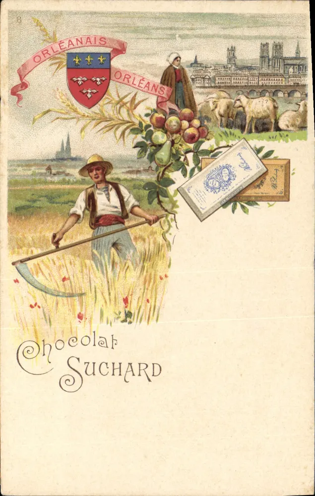 Scène agricole à Orléans — fermier au blé et bergère avec moutons — éditeur Chocolat Suchard - Frente
