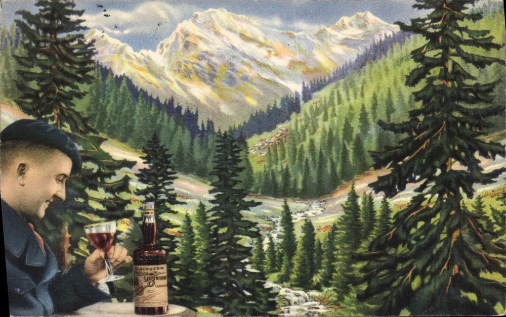 Mann, der einen Aperitif trinkt — Alpenlandschaft — Clacquesin - Vorderseite