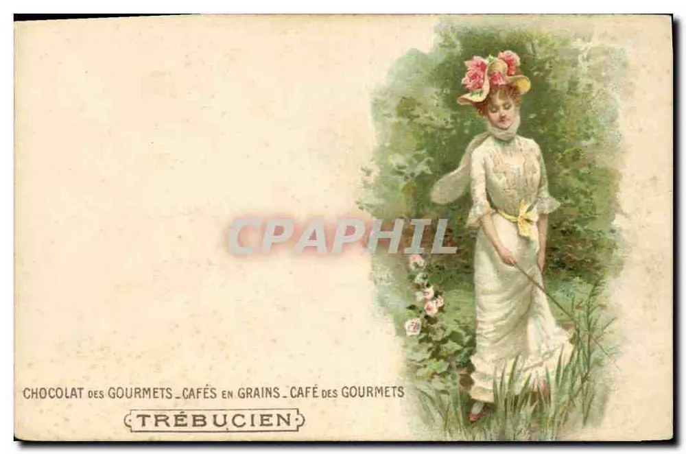 Mulher em vestido branco e chapéu florido — propaganda para o chocolate e café Trébucien — editor Trébucien - Frente