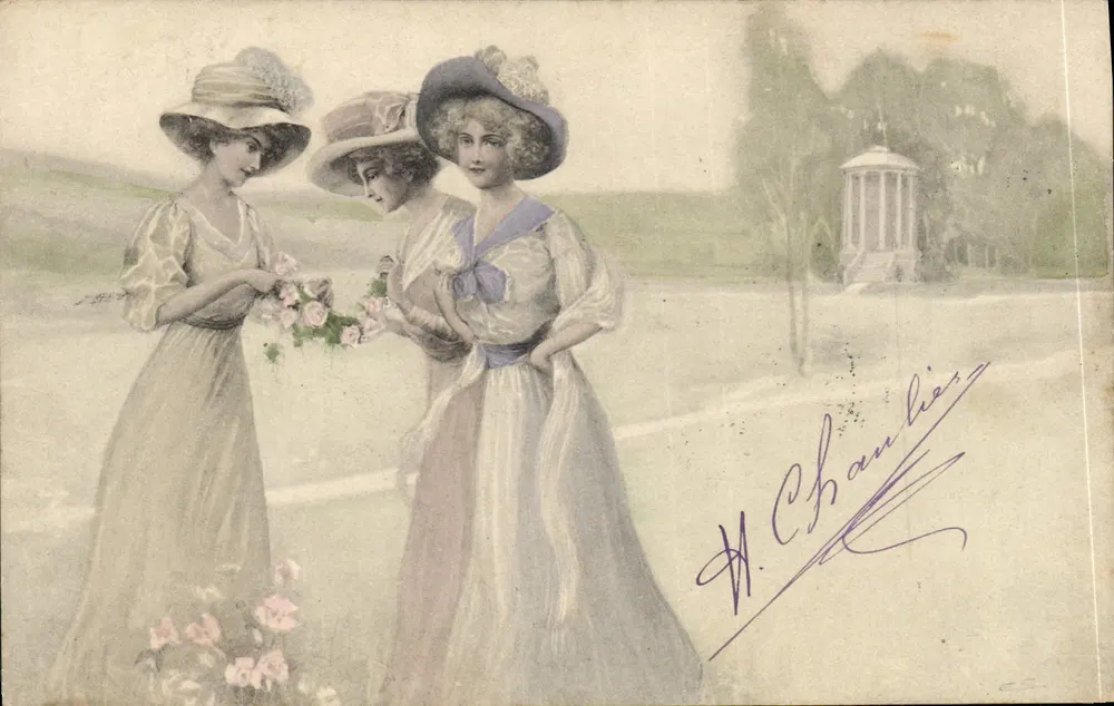 Drei junge Frauen in Kleid und Hut — Illustration signiert von H. Chanliais — Verleger B. K. W. I 317-4 - Vorderseite