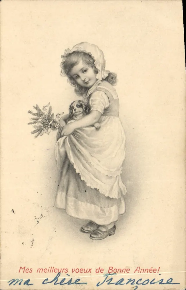 Mädchen mit einem Hund und einem Blumenstrauß — Jahresgrußkarte — M.M. Vienne, Nr. 238 - Vorderseite