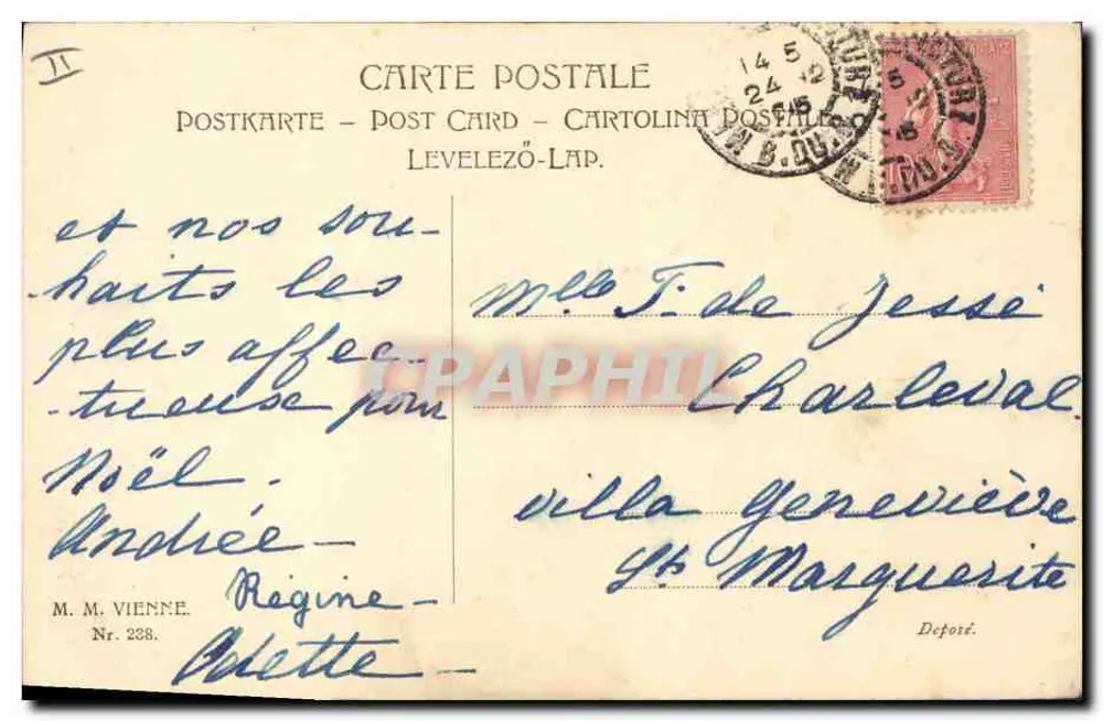 Mädchen mit einem Hund und einem Blumenstrauß — Jahresgrußkarte — M.M. Vienne, Nr. 238 - Rückseite