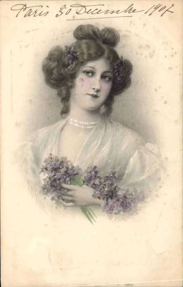 Junge Frau in leichtem Kleid mit einem Strauß Lilien — Paris, 30. Dezember 1907 — Levelezó-Lap, n° 323 - Vorderseite