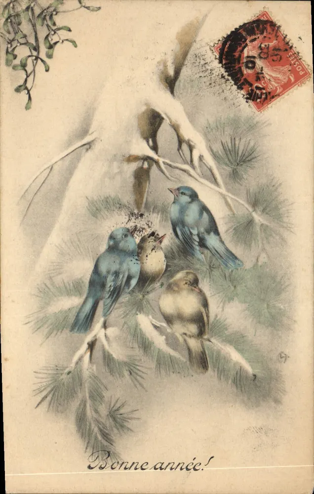 Pássaros em galho de pinheiro nevado — Bom ano! — H.H.I.W. Nr. 648 - Frente