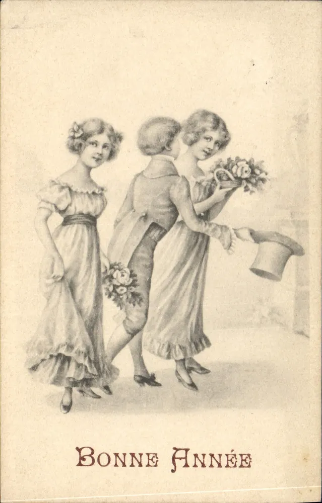 Deux jeunes femmes et un homme — scène de vœux — imprimé 'Printed in Austria' et n° B.K.W.I. 526-2 - Vorderseite