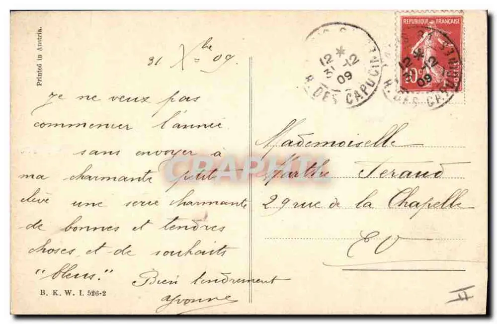 Deux jeunes femmes et un homme — scène de vœux — imprimé 'Printed in Austria' et n° B.K.W.I. 526-2 - Rückseite