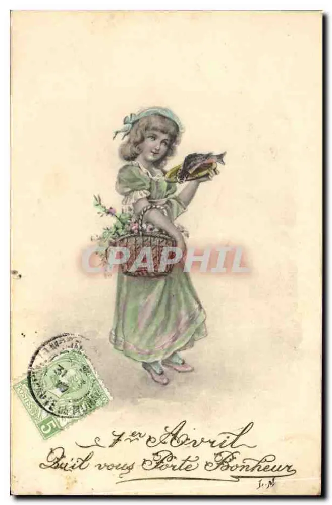 Mädchen mit Blumenkorb und Fisch — Verlag J.M. — Serie 7025 - Vorderseite