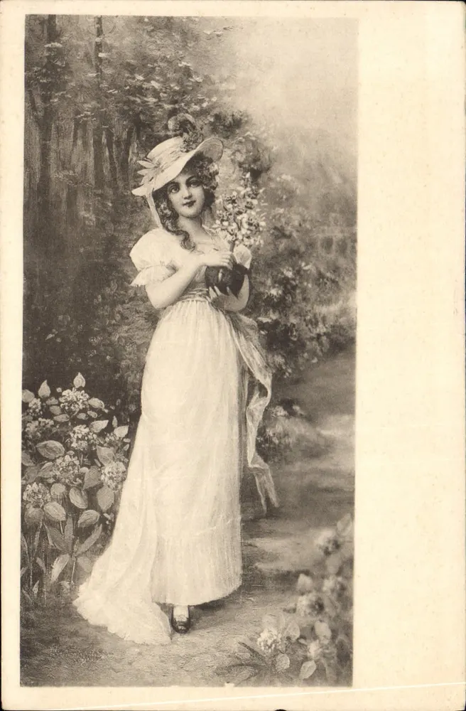 Junge Frau in weißem Kleid mit Blumenbouquet — Illustration — Union Postale Universelle, n° 162 - Vorderseite