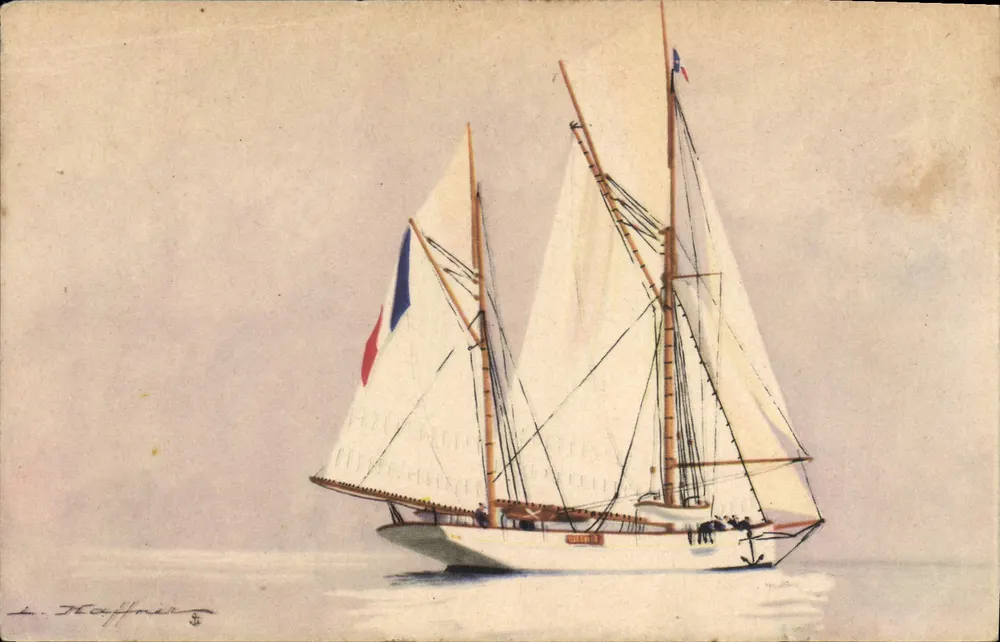 Yacht "Encalminé" — Ketch für Kreuzfahrten, großer Wantenmast vor dem Ruder — L. Haffner - Vorderseite