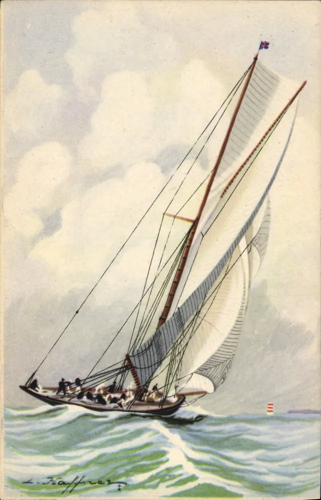 Yacht der großen Klasse, an der Küste geriggt, fahrend "grand largue" — Sammlung der Seefahrt- und Kolonialgesellschaft — AEC Paris Druckerei - Vorderseite