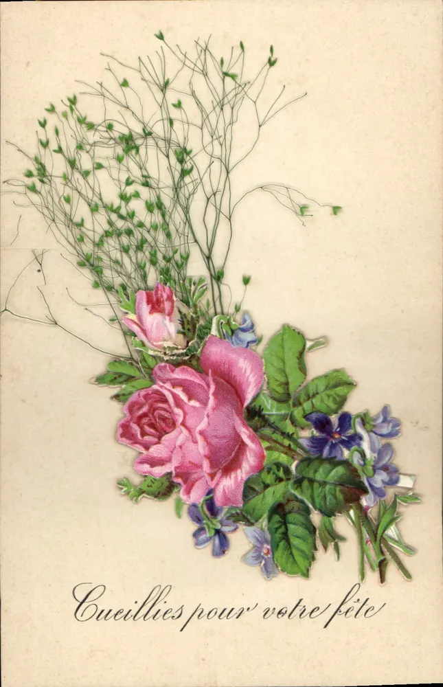 Buquê de rosas e flores — 'Colhidas para sua festa' — editor não visível - Frente