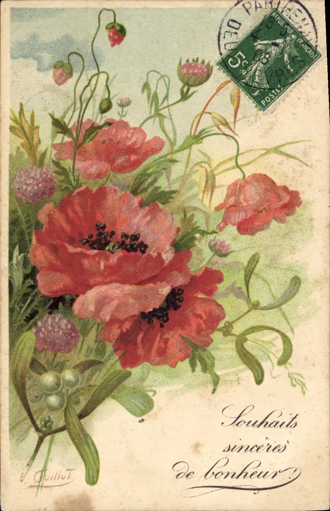 Flores de papoula — Editor E. GuilloT — selo de 5c verde - Frente