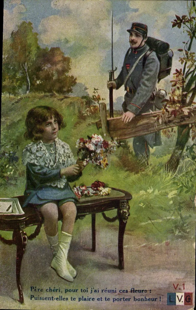 Menina oferecendo flores a um soldado — V.1, editada por L.V.C. - Frente