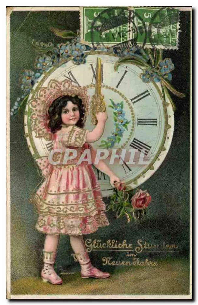 Petite fille devant une horloge — scène de vœux pour l'année nouvelle — éditeur : 'Weiss' (imprimé en haut à droite) - Frente