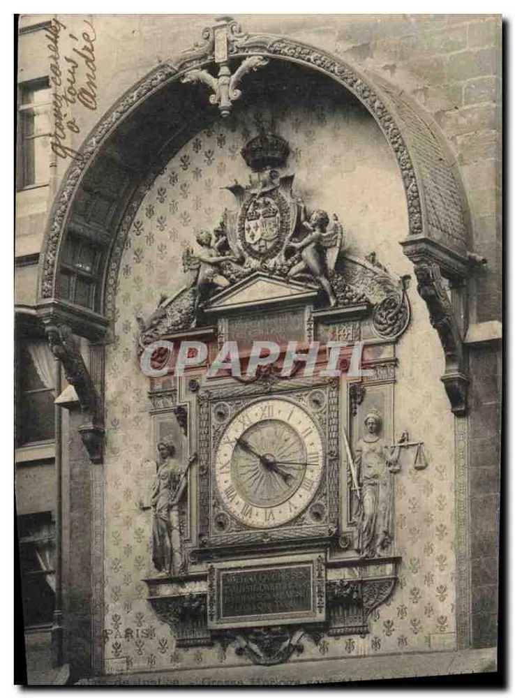 Orologio astronomico di Parigi — dettaglio ornato di statue e stemma — edito da André - Recto