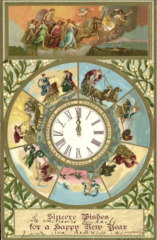 Carta postal de boas-vindas para o ano novo — calendário dos dias da semana — editor Sborgi, Florença - Frente