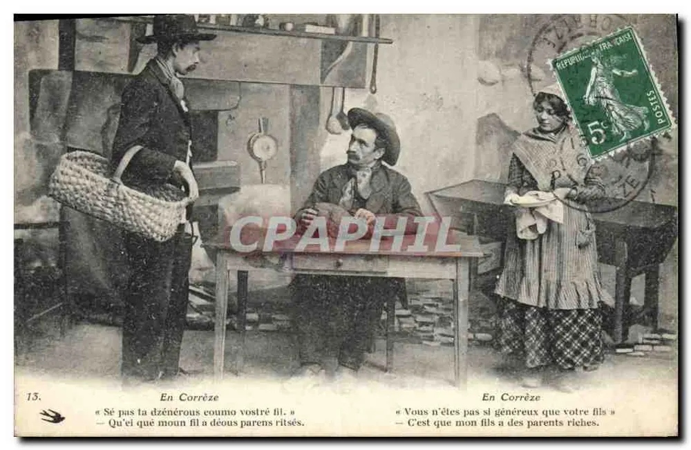 W Corrèze — scena dialogu między trzema postaciami — wydawca nie widoczny, nr 15 - Awers