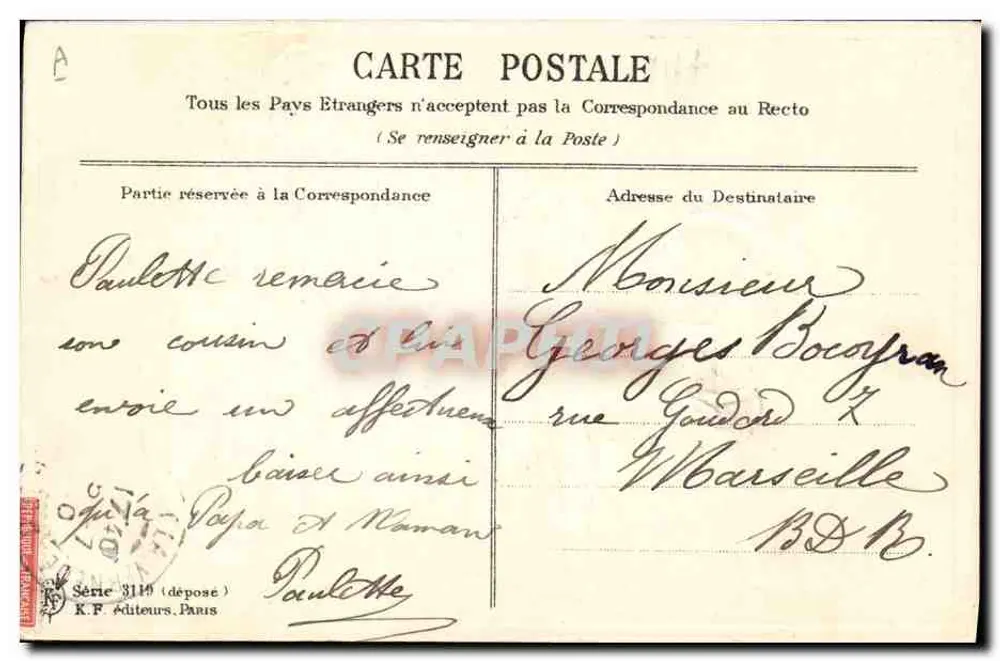 Junge Junge, der ein Eselwagen lenkt — Beste Grüße — Verleger K.F. Éditeurs, Paris, Serie 3119 - Rückseite