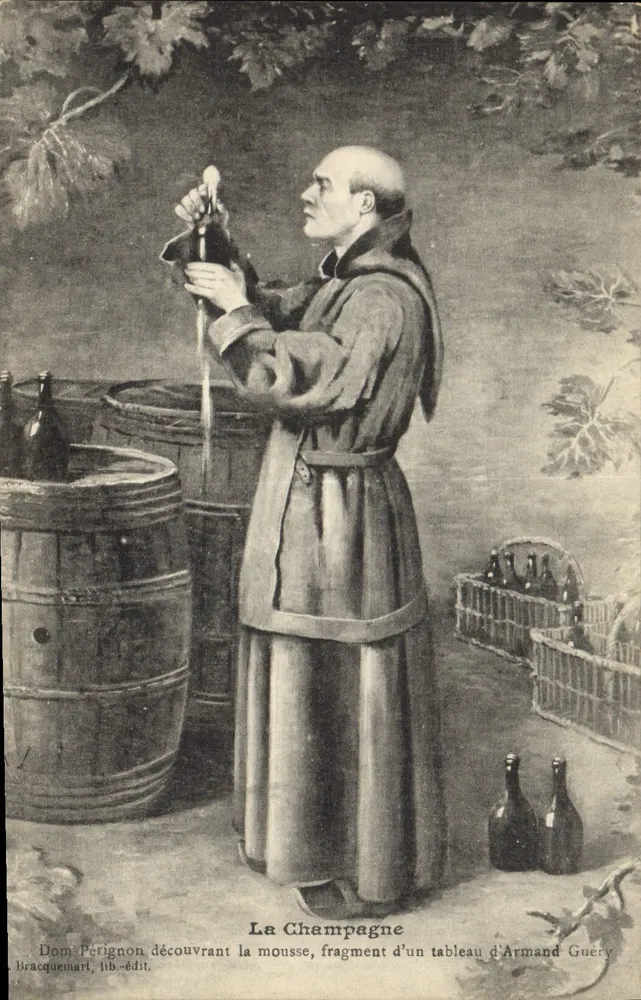 Dom Pérignon descobrindo a espuma — fragmento de um quadro de Armand Guéry — lib.édit. Beaucquemart - Frente