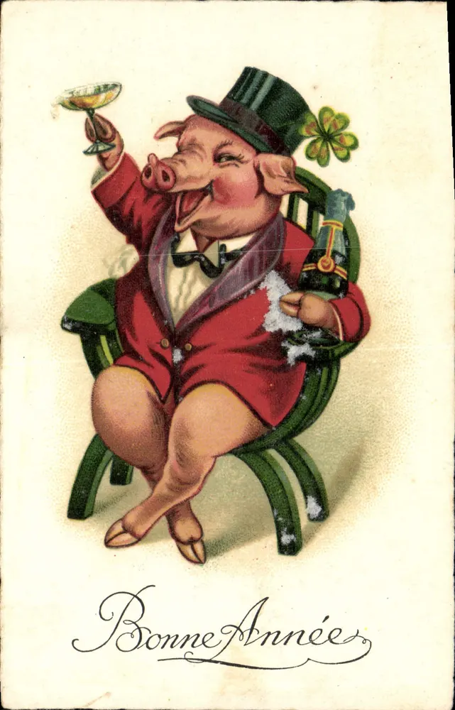 Pigé em traje de festa — Boa Ano — editor anônimo, número de série não visível - Frente