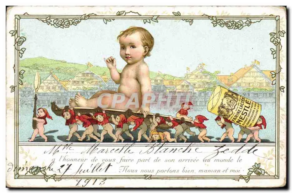 Nourrisson transporté par des lutins — Éditeur : Carte Postale (verso) — N° de série : Pub. - - Frente