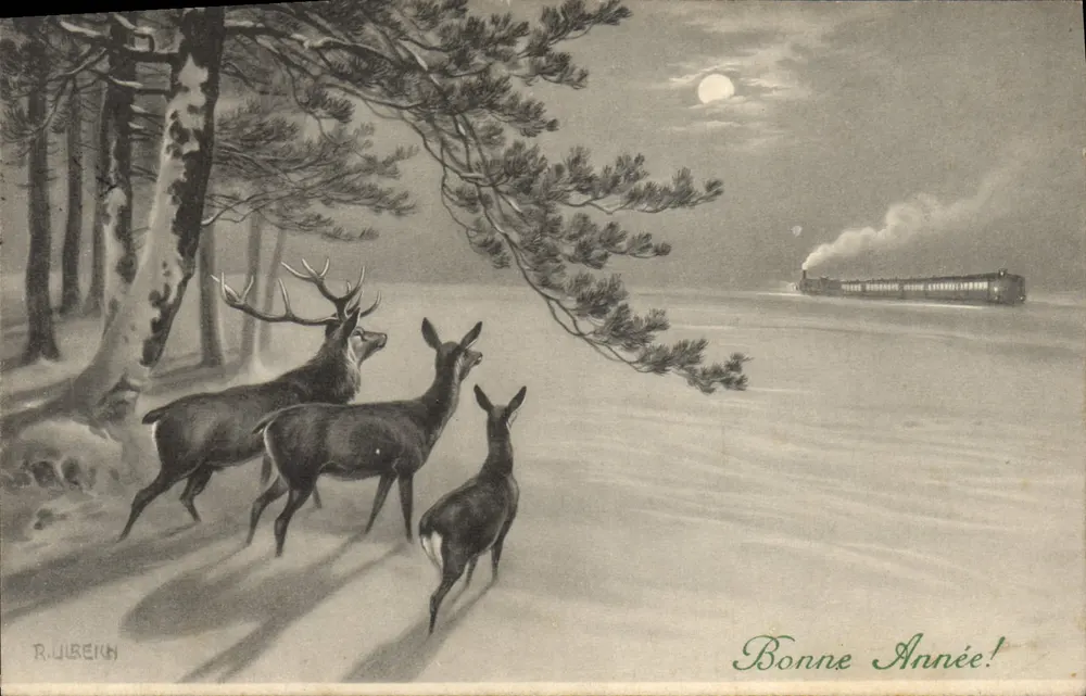 Zwei Hirsche und ein junger Hirsch in einem schneeverdeckten Wald — Zug im Hintergrund — R. JUBREKH — Frohe Weihnachten! — N° 544 - M. M. VIENNE - Vorderseite