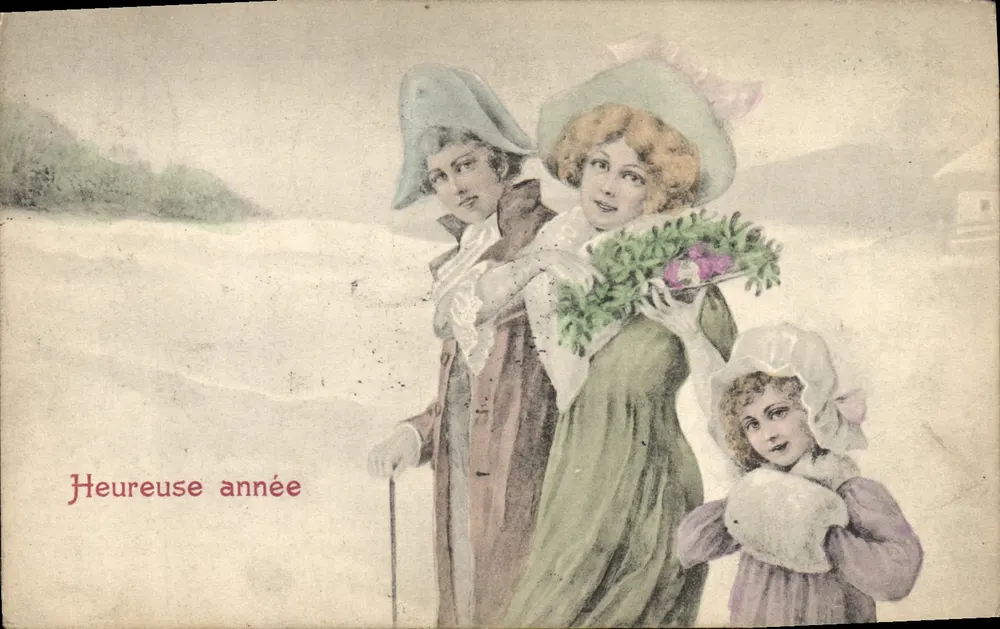 Familie in Winterkleidung — Frohe Neujahr — unbekannter Verlag, Seriennummer nicht sichtbar - Vorderseite